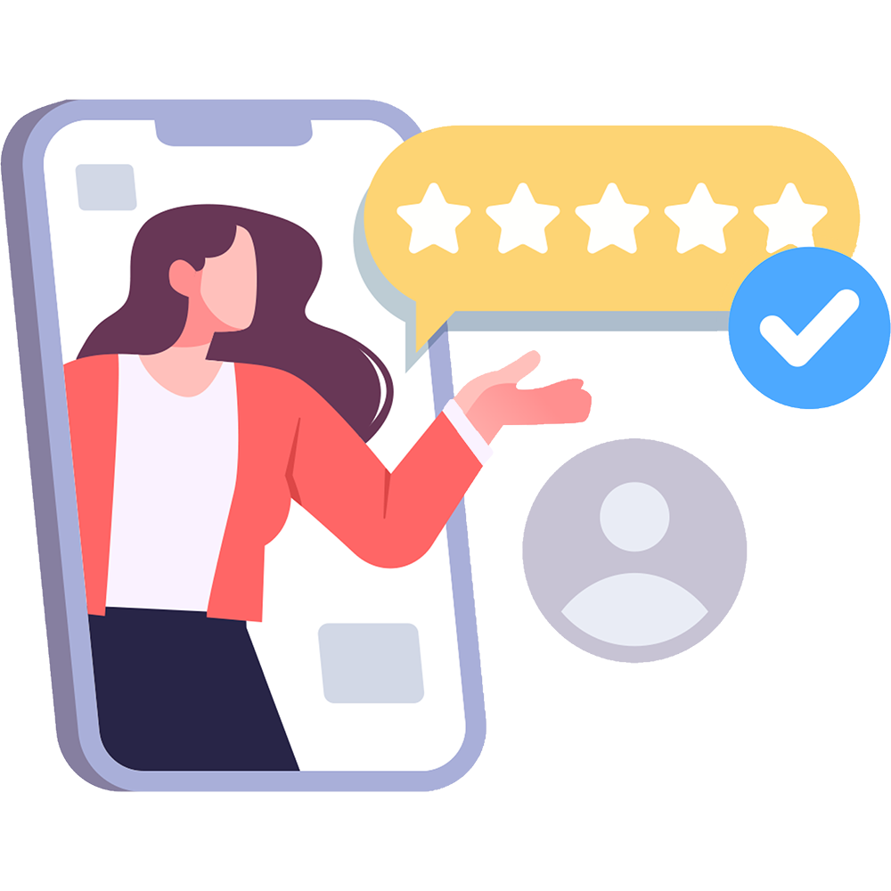 Illustration of woman giving 5 star review to online seller